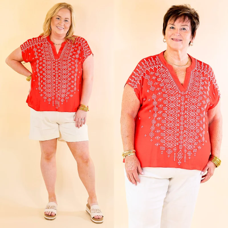 Fredericksburg Feeling Embroidered Short Sleeve Notched Neck Top in Red