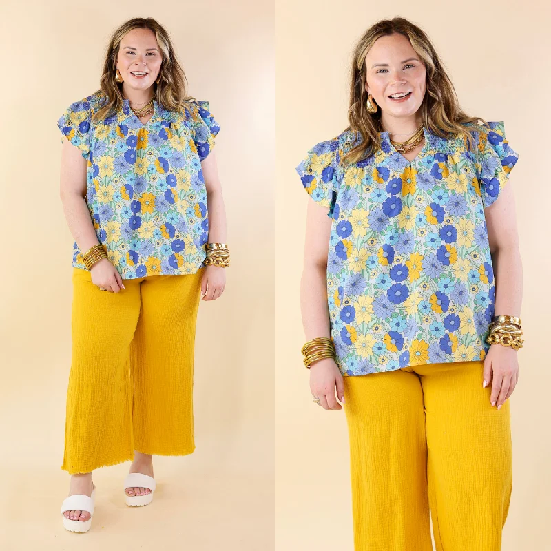 Pretty Days Floral Notched Neckline Top in Blue Mix