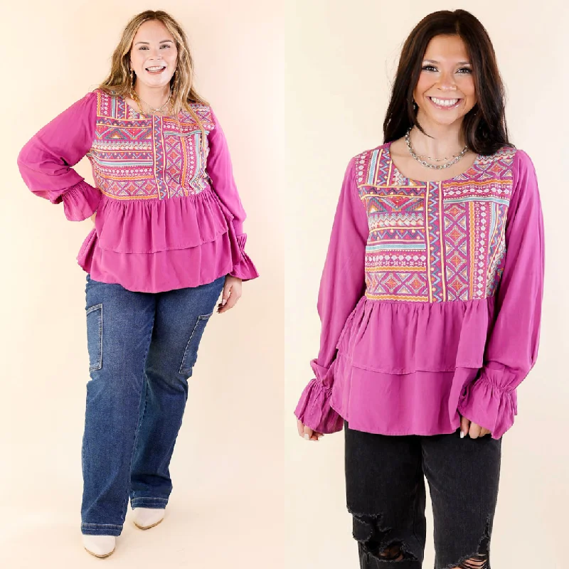 Rhythm Of The Season Embroidered Long Sleeve Top in Magenta