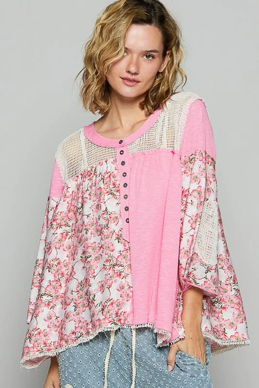 POL Washed Floral Print Crochet Detail Top Dapper Women's Bow - adorned