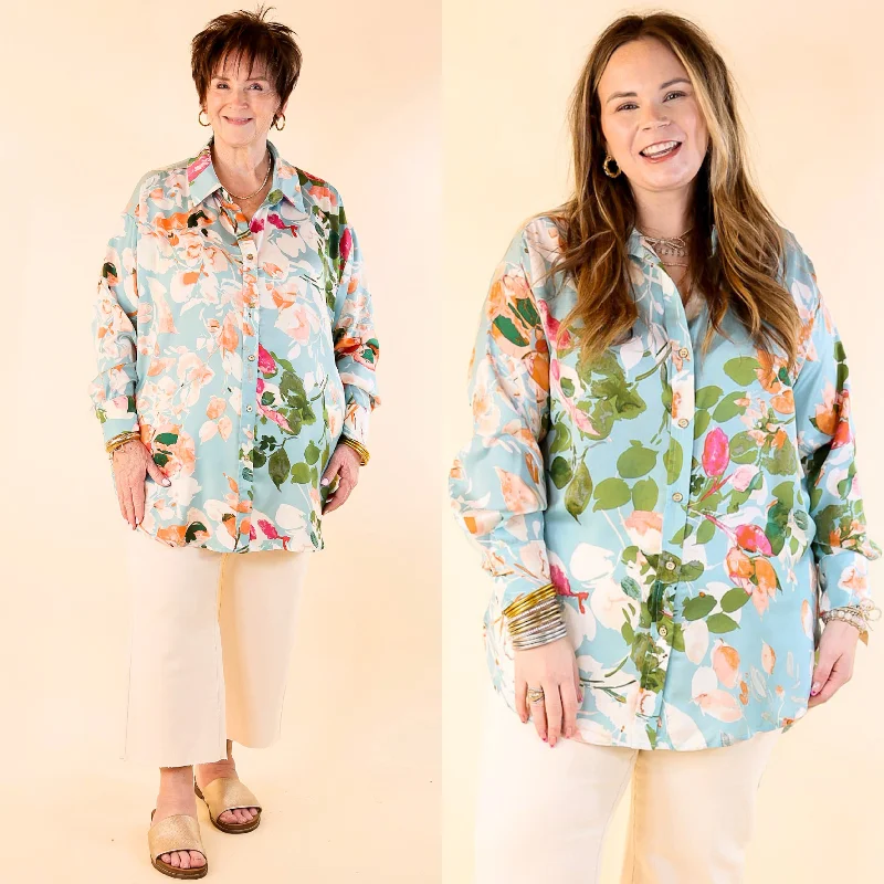 Tell Me Something Good Floral Long Sleeve Button Up Top in Light Blue