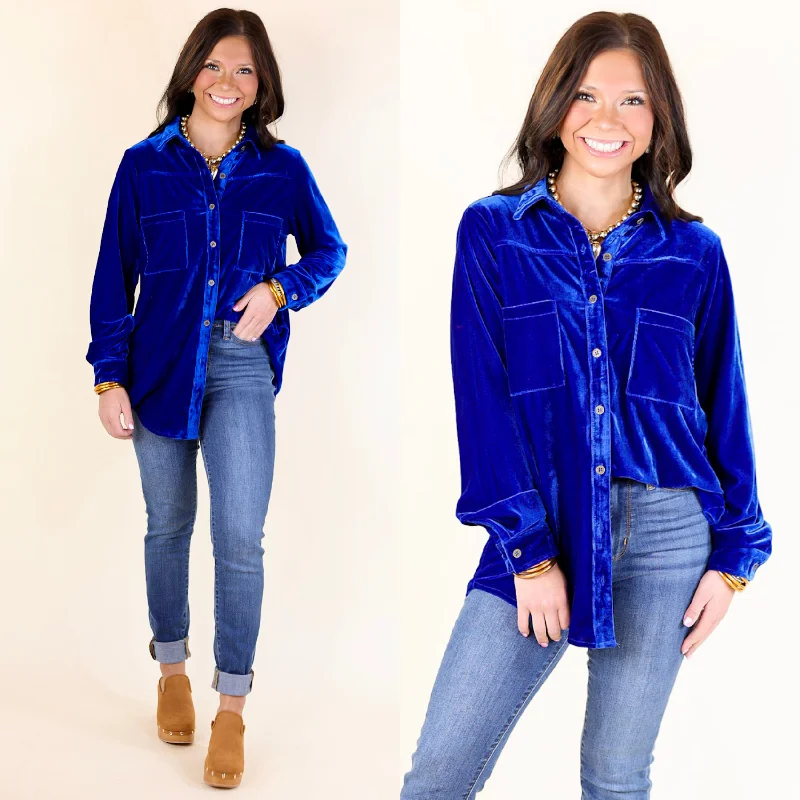 Candy Apple Evening Button Up Velvet Long Sleeve Blouse in Royal Blue