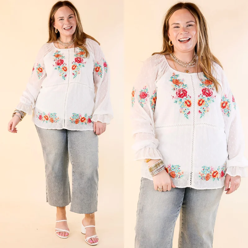 Patio Days Swiss Dot Long Sleeve Blouse with Floral Embroidery in White