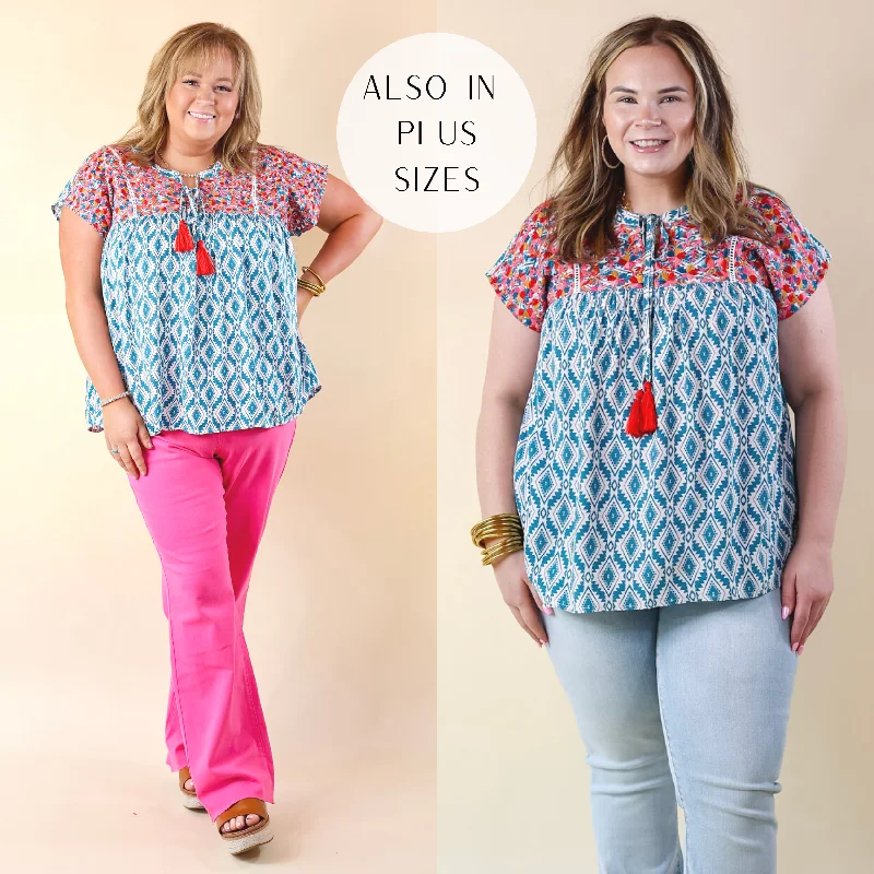 Last Chance Size Small | Fredericksburg In the Spring Aztec Print Embroidered Top with Front Keyhole in Turquoise Blue