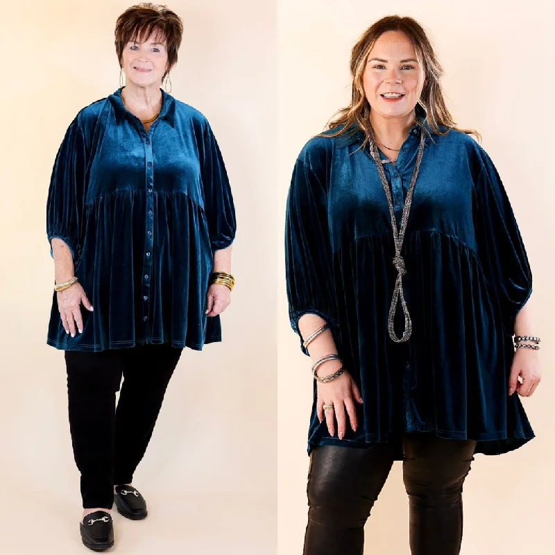 Love Link Button Up Velvet Half Sleeve Babydoll Tunic Top in Teal Blue