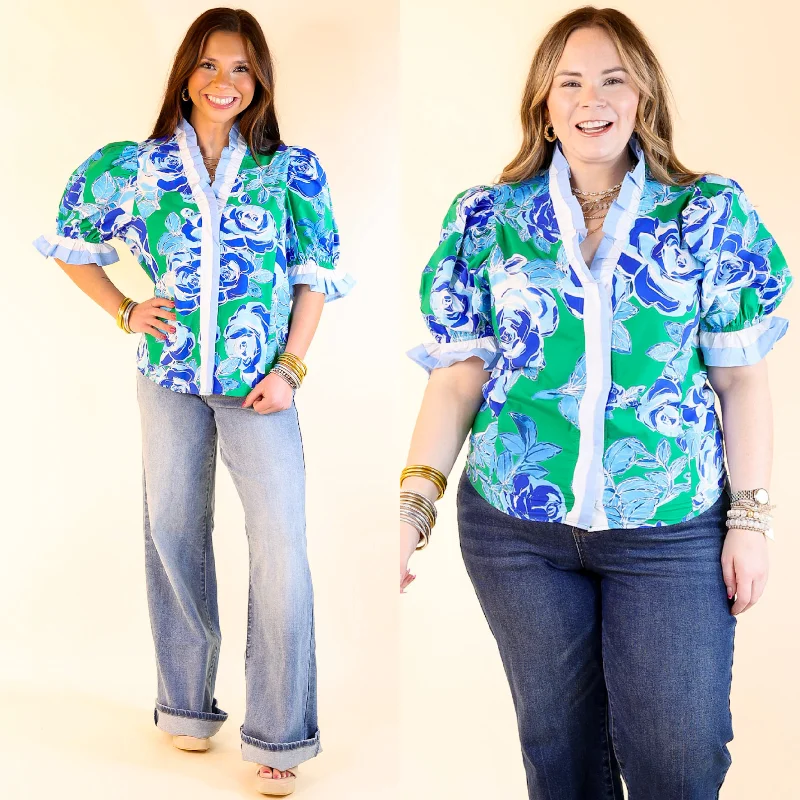 Endless Elegance Ruffled V Neck Floral Print Top in Green and Blue