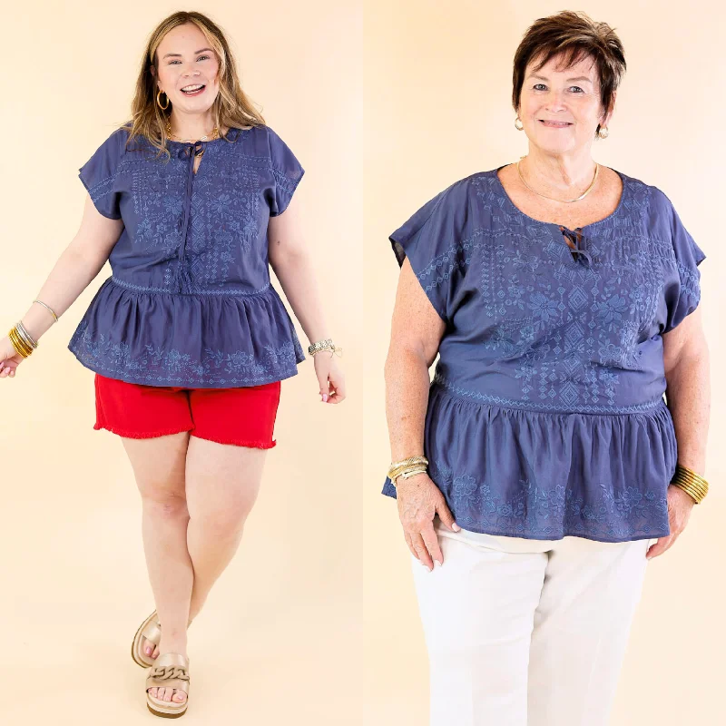 Craving Sunshine Embroidered Cap Sleeve Top with Keyhole in Navy