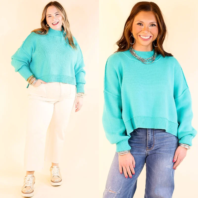 Fireside Fit Cropped Long Sleeve Mock Neck Sweater in Turquoise Blue