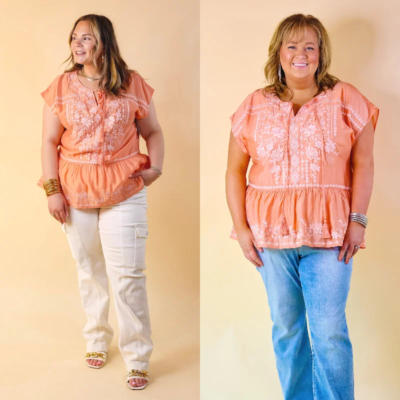 Craving Sunshine Embroidered Cap Sleeve Top with Keyhole in Light Coral Orange