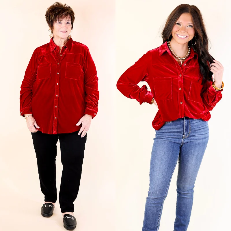 Candy Apple Evening Button Up Velvet Long Sleeve Blouse in Red