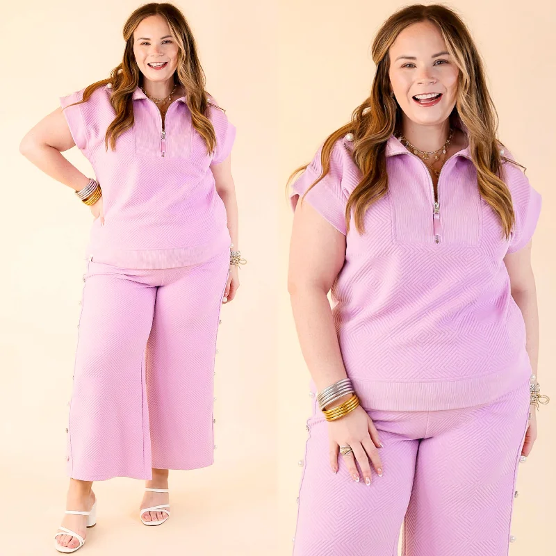 Go-To Glam Textured Quarter Zip Top with Pearls in Orchid Purple