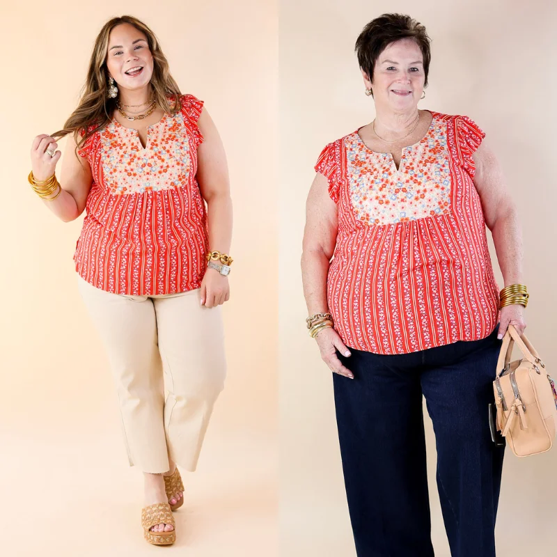 Sweet Reminder Floral and Stripe Print Top with Embroidered Yoke in Red