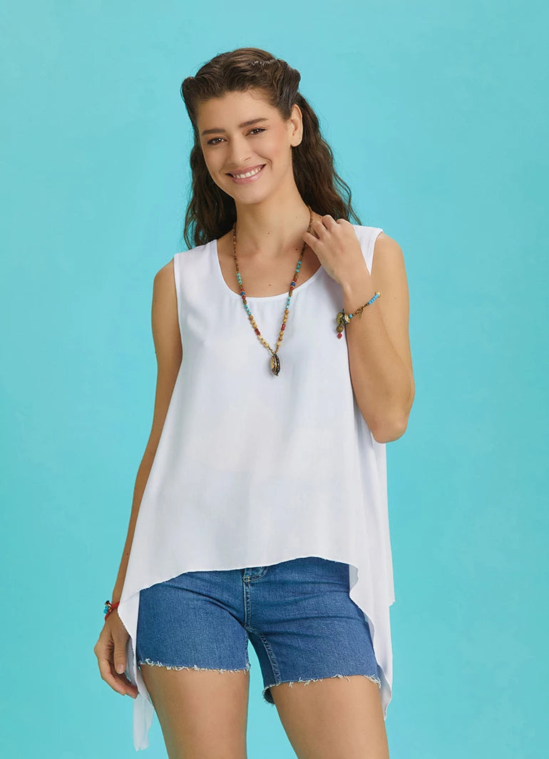 Long Boat Neck White Blouse with Slit Detail on the Sides performance