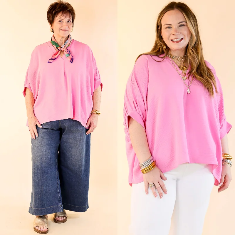 Elevated Basics V Neck Top with Half Sleeves in Candy Pink