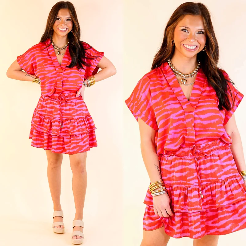 Vibrant Vibes Zebra Print V Neck Top with Short Sleeves in Red and Pink