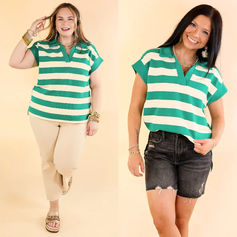 Stripe it Simple Collared Stripe Top with Drop Sleeves in Green and Cream