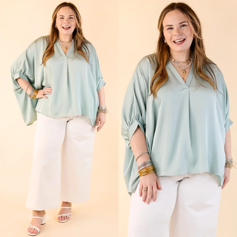 Irresistibly Chic Half Sleeve Oversized Blouse in Mint Blue