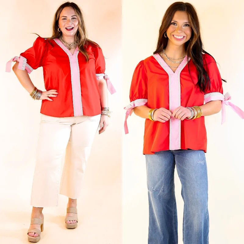 Perfectly Poised V Neck Top with Short Balloon Sleeves with Bows in Red