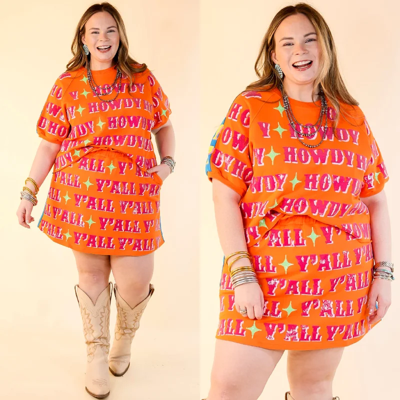 Queen Of Sparkles | Howdy Y'all Sequined Colorblock Short Sleeve Top in Orange & Blue