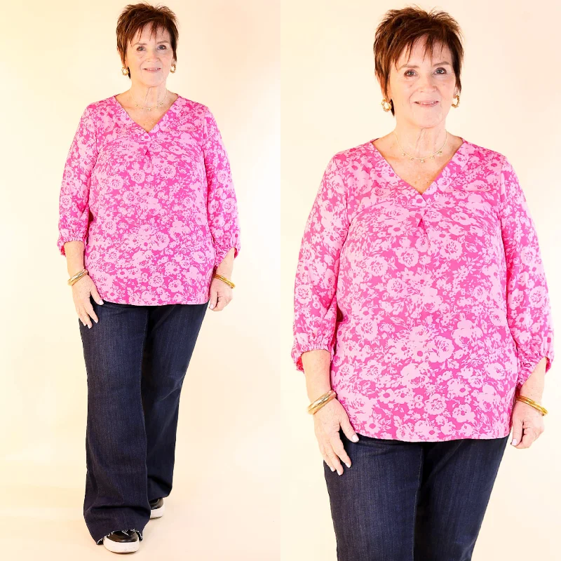 Eyes On Paradise Floral Print Blouse with 3/4 Sleeves in Pink