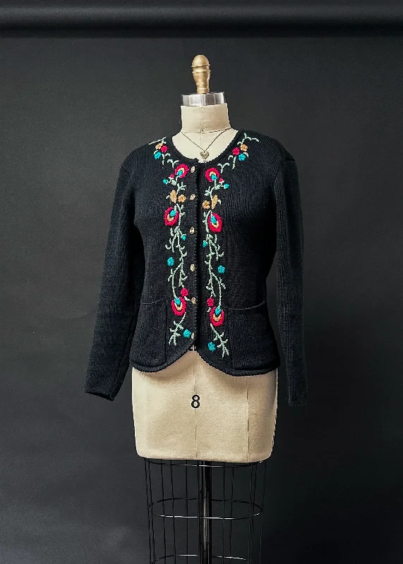 Vintage 70s Tally-Ho Floral Embroidered Hand Knit Cardigan Sweater (S)