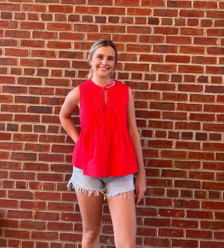 Red Tie Poplin Top Vintage Women's 1970S 