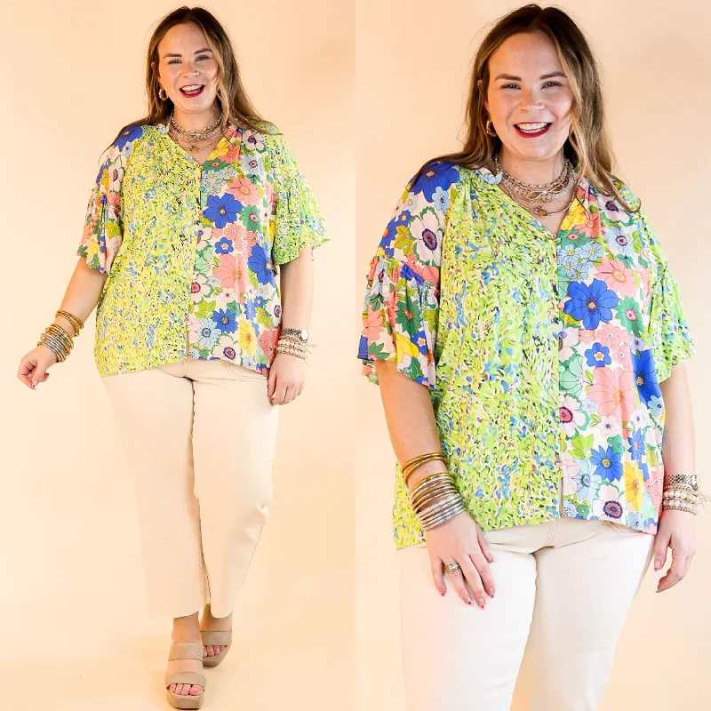 Double Time Abstract Print and Floral Print Top in Green and Blue