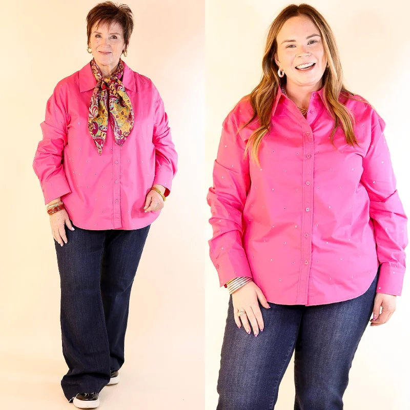 Shine On Collared Button Up Top with Rhinestones in Pink