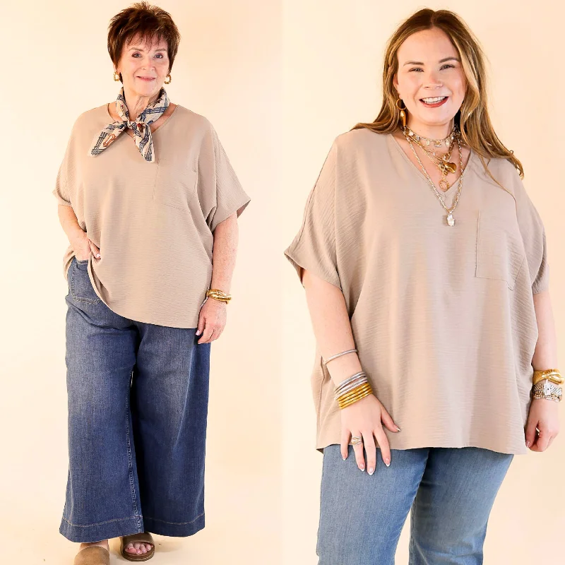 Try To Resist Short Sleeve V Neck Top with Front Pocket in Light Mocha Brown