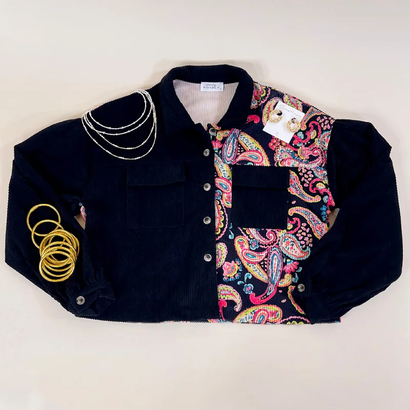 Manhattan Breeze Corduroy Button Up Shacket with Multicolor Paisley Print in Black