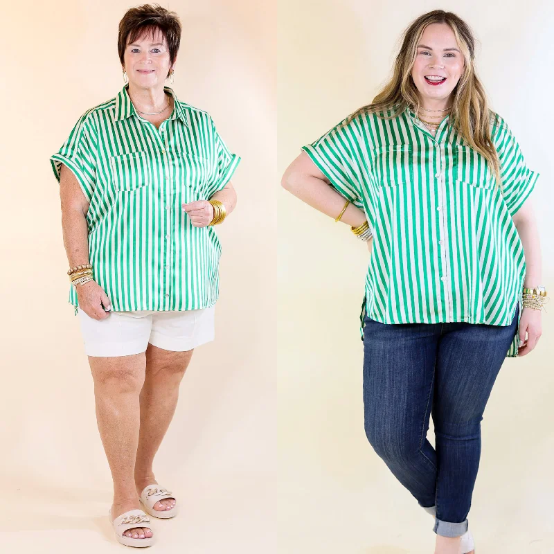 Free To Be Fab Button Up Short Sleeve Striped Top in Green