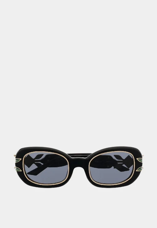 Casablanca Acetate & Metal Oval Sunglasses with Laurel Detail Black / Gold / Laurel / Grey Vintage Horn - Rimmed Style