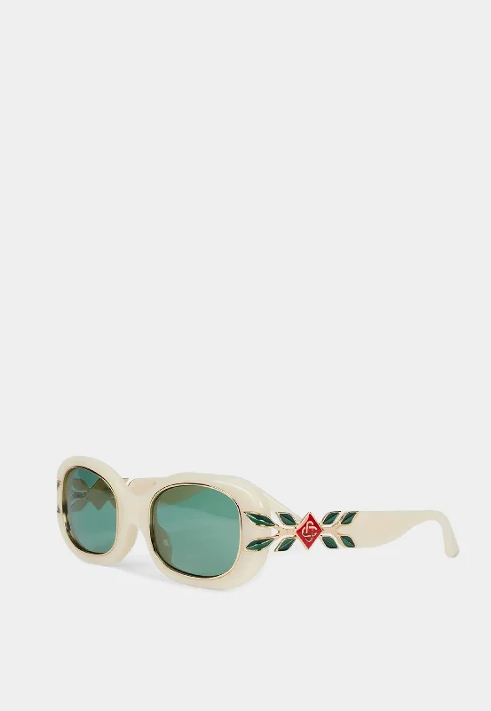 Casablanca Acetate & Metal Oval Sunglasses with Laurel Detail Cream / Gold / Laurel / Green Colored - Lens Sports Style