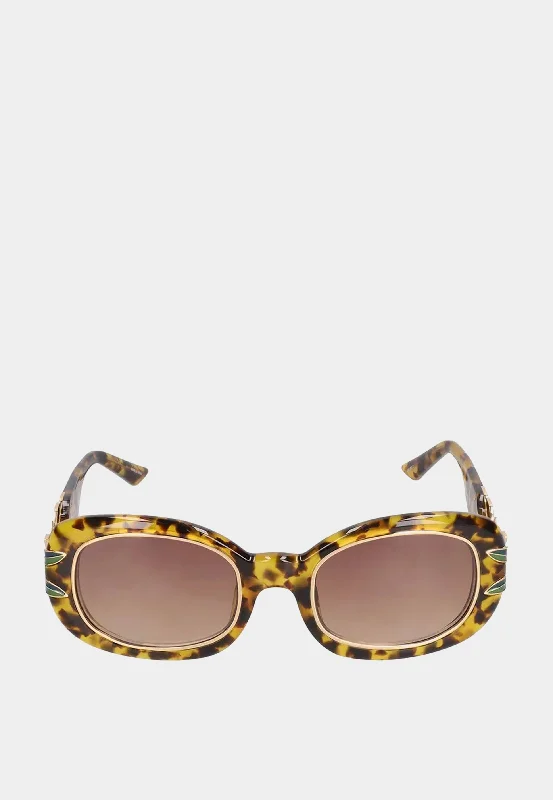 Casablanca Acetate & Metal Oval Sunglasses with Laurel Detail T-Shell/ Gold/ Laurel/ Brown Mirrored - Lens Driving Look
