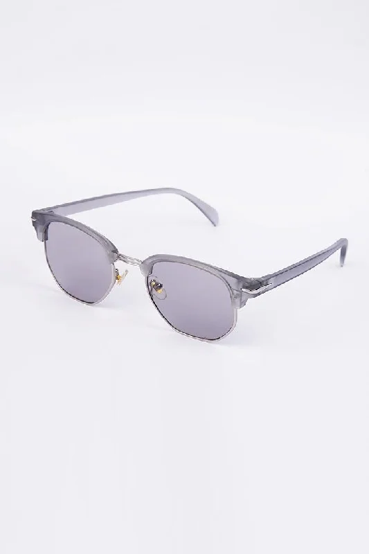 Half Rim Round Sunglasses - Grey Glossy Metal Frame Look