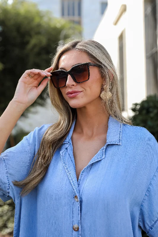 Majorly Sunny Brown Square Sunglasses Glossy Metal Frame Look