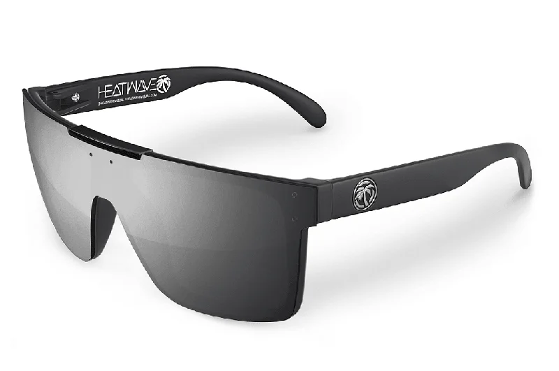 Quatro Sunglasses: Polarized Silver Lens Glossy Metal Frame Look
